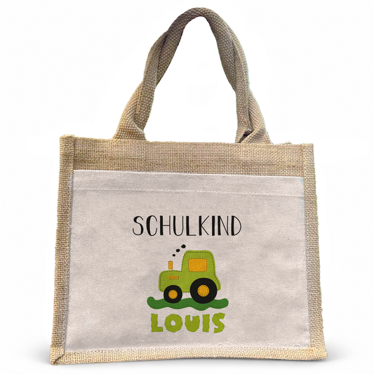 Jute Pocket Tasche mit Namen | Schulkind Traktor grün