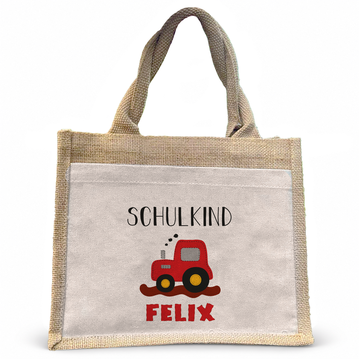 Jute Pocket Tasche mit Namen | Schulkind Traktor rot