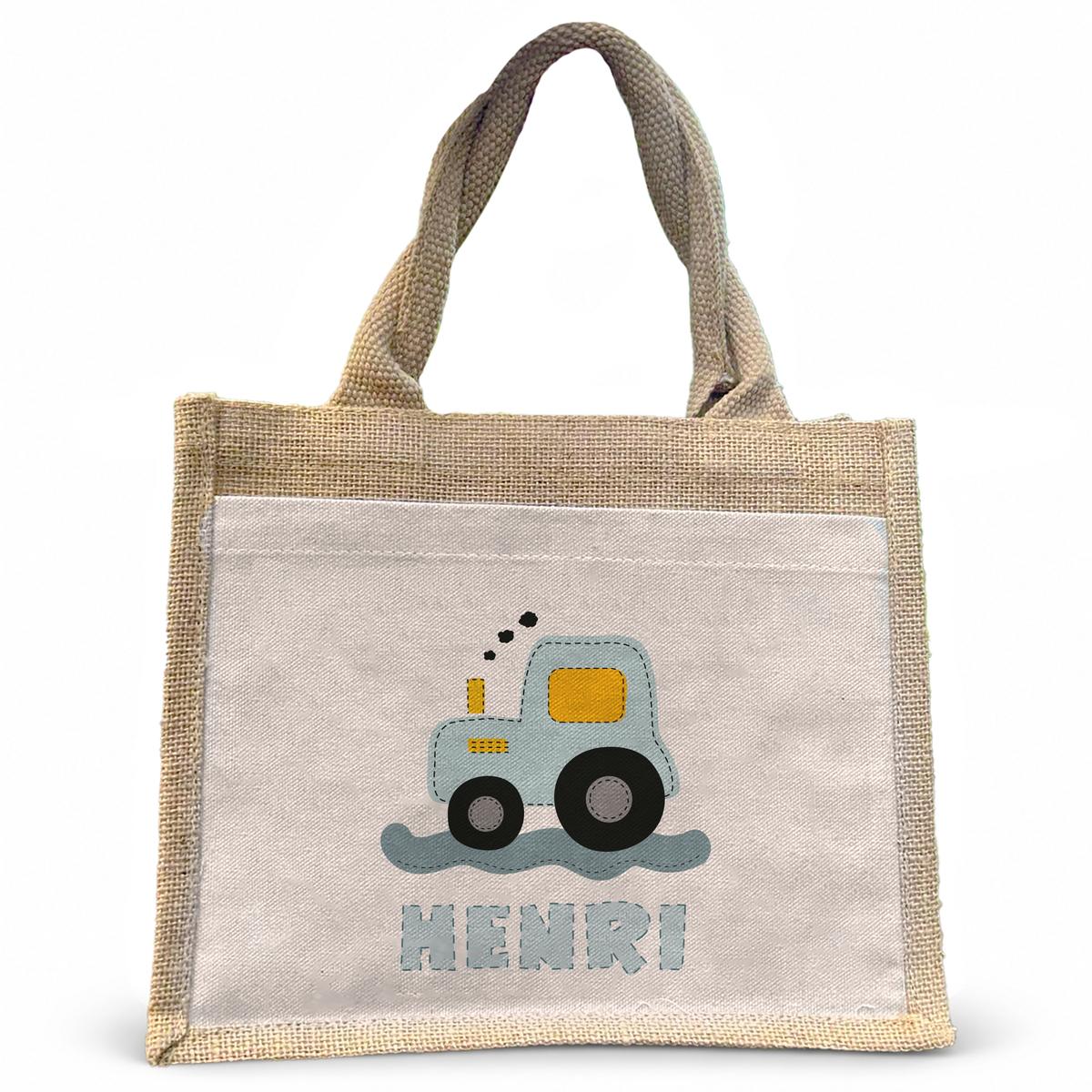Jute Pocket Tasche mit Namen | Traktor blau