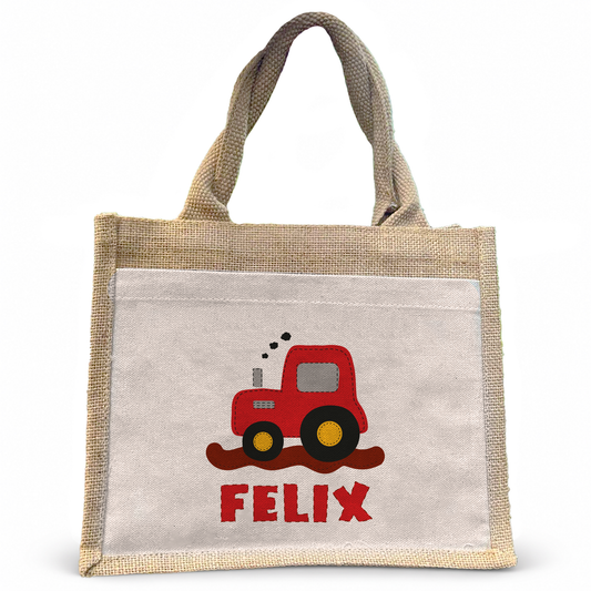 Jute Pocket Tasche mit Namen | Traktor rot