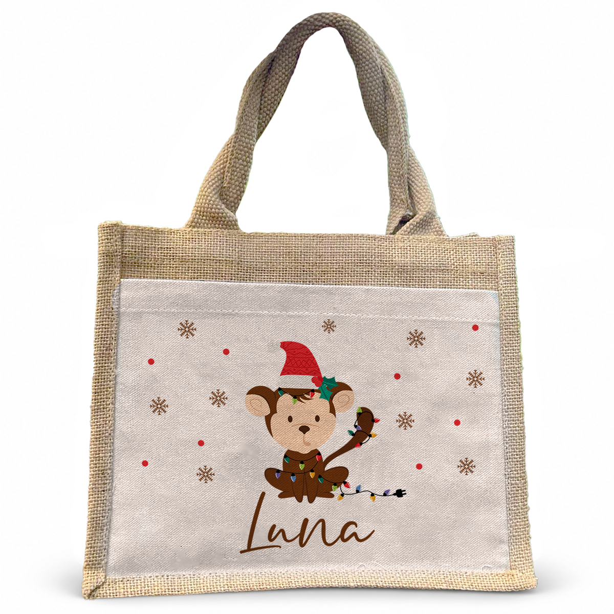 Jute Pocket Tasche mit Namen | Weihnachts- Affe