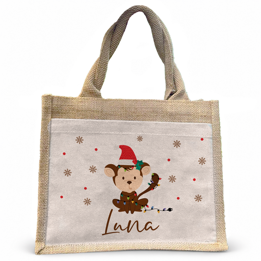 Jute Pocket Tasche mit Namen | Weihnachts- Affe