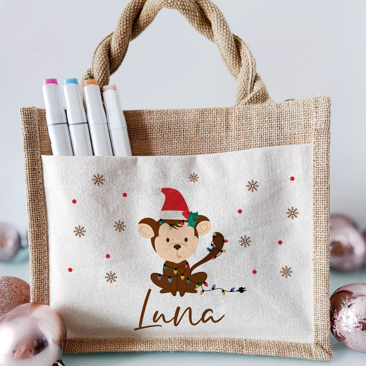 Jute Pocket Tasche mit Namen | Weihnachts- Affe