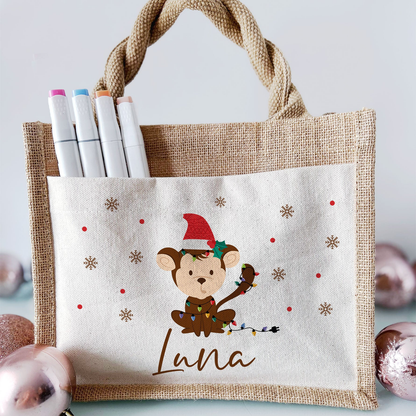 Jute Pocket Tasche mit Namen | Weihnachts- Affe
