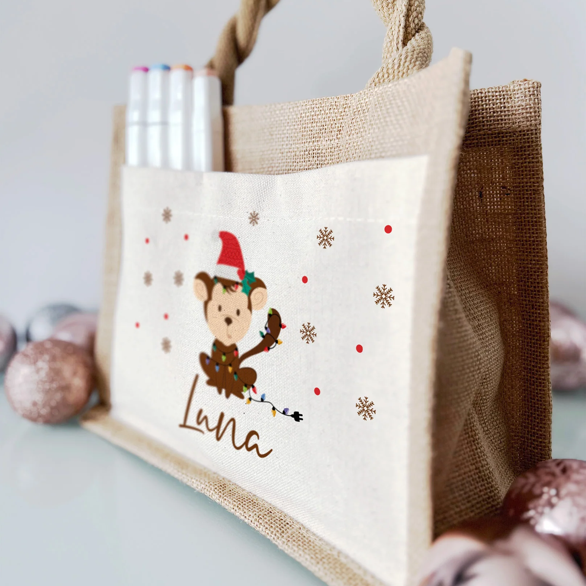 Jute Pocket Tasche mit Namen | Weihnachts- Affe