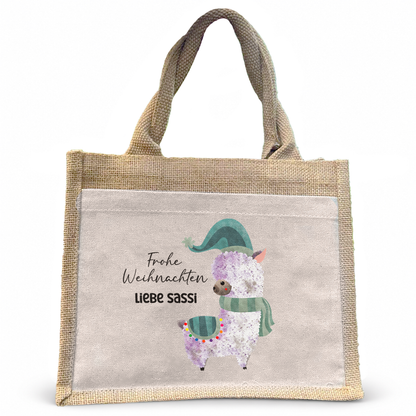 Jute Pocket Tasche mit Namen | Alpaka blau