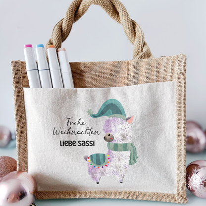 Jute Pocket Tasche mit Namen | Alpaka blau