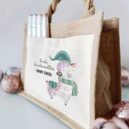Jute Pocket Tasche mit Namen | Alpaka blau