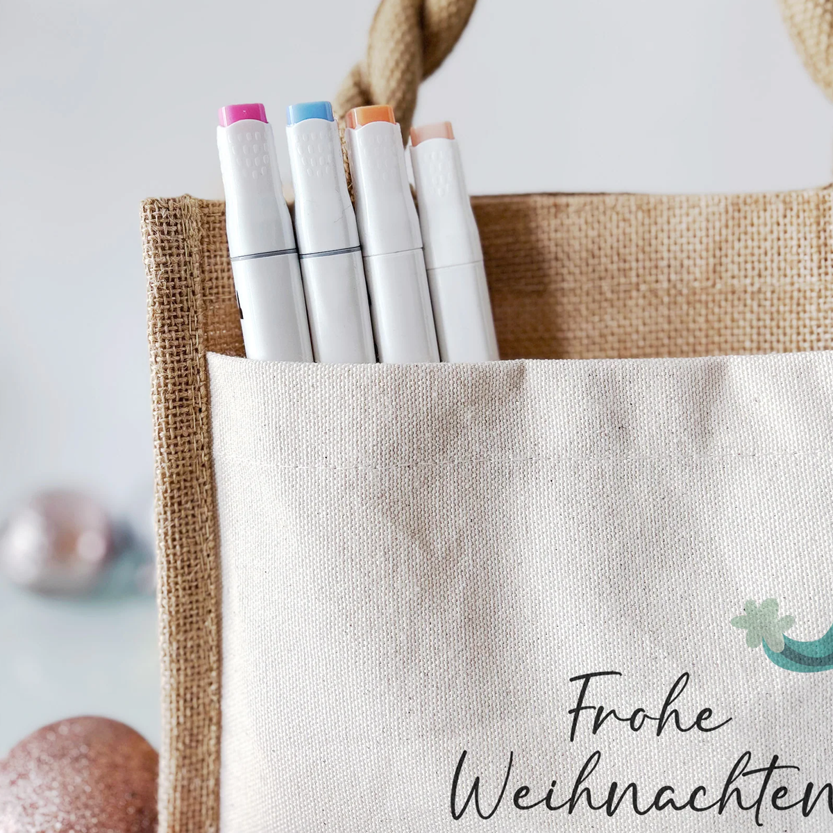 Jute Pocket Tasche mit Namen | Alpaka blau