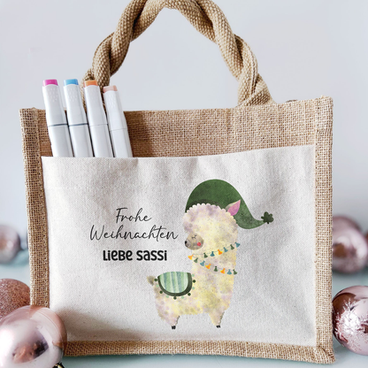 Jute Pocket Tasche mit Namen | Alpaka grün