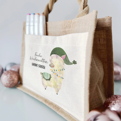 Jute Pocket Tasche mit Namen | Alpaka grün