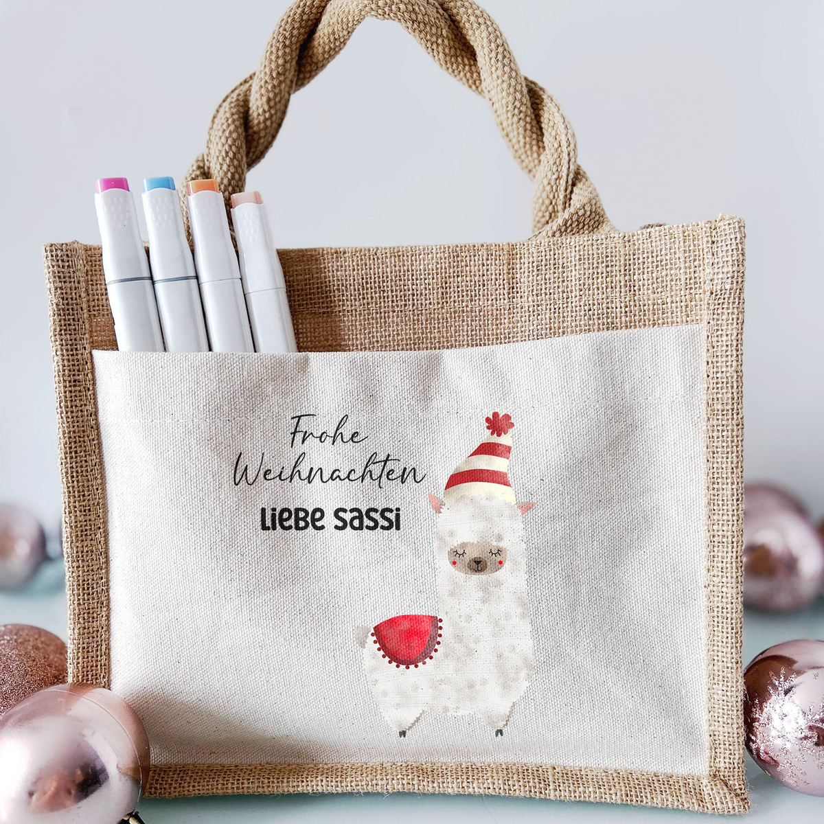 Jute Pocket Tasche mit Namen | Alpaka rot