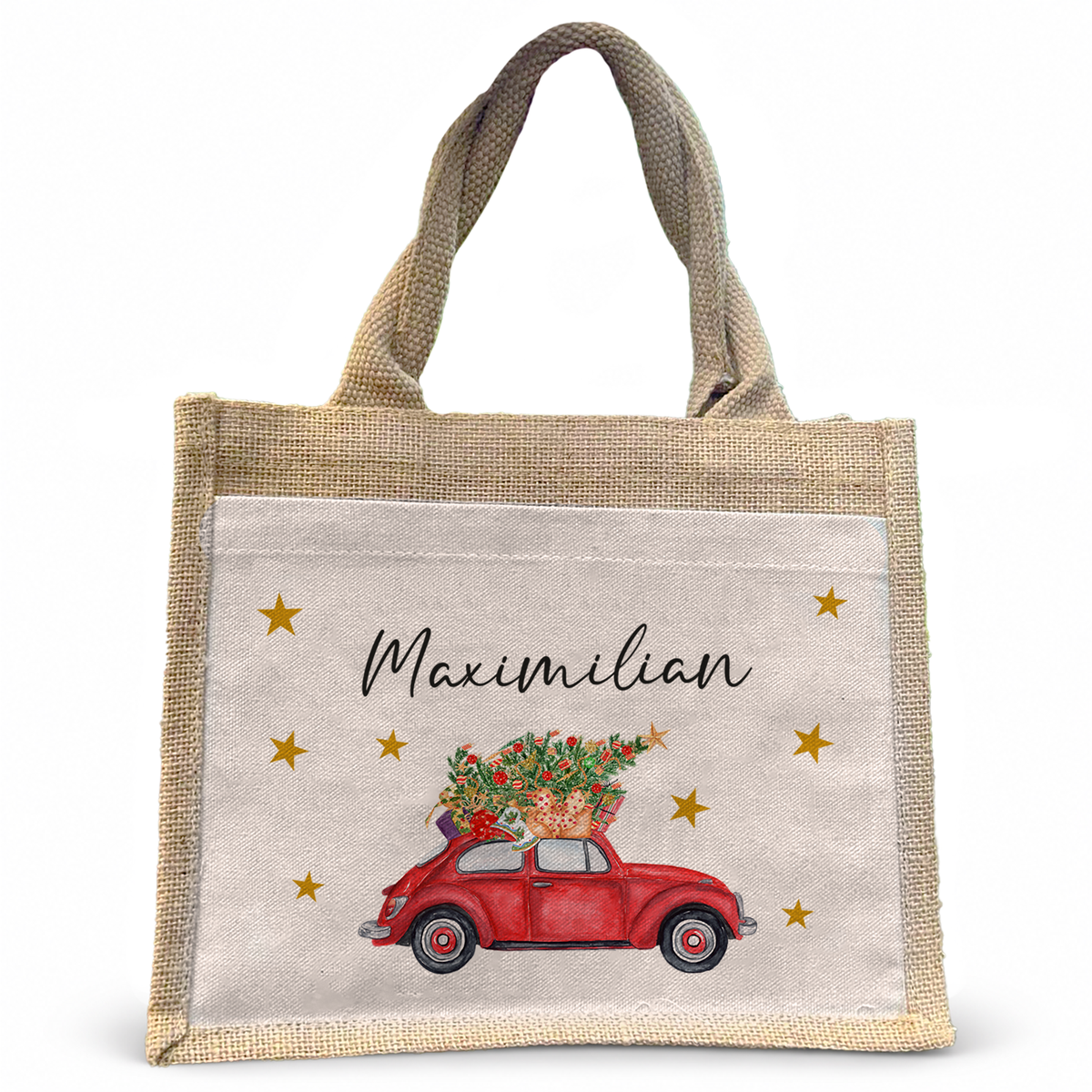 Jute Pocket Tasche mit Namen | Auto mit Weihnachtsbaum