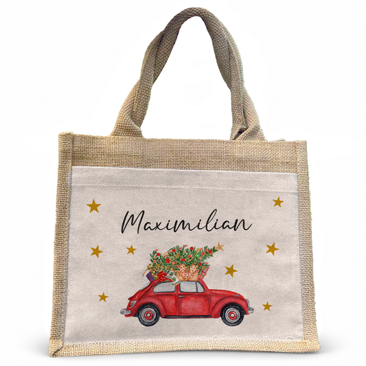 Jute Pocket Tasche mit Namen | Auto mit Weihnachtsbaum