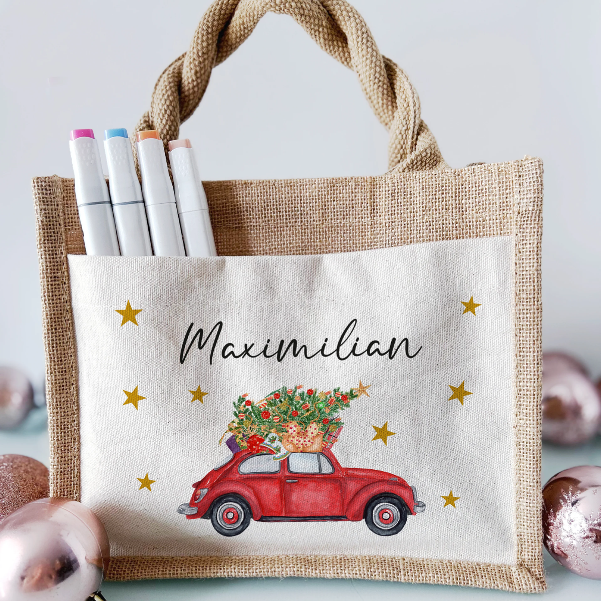 Jute Pocket Tasche mit Namen | Auto mit Weihnachtsbaum