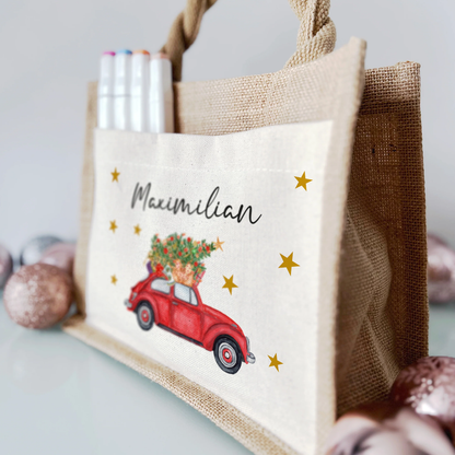 Jute Pocket Tasche mit Namen | Auto mit Weihnachtsbaum