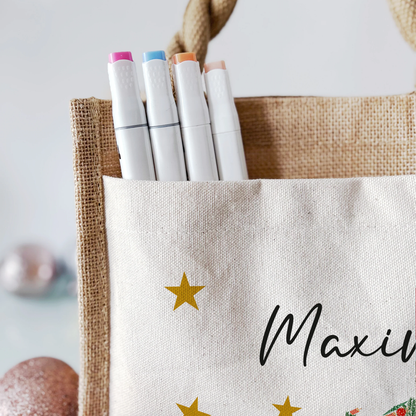 Jute Pocket Tasche mit Namen | Auto mit Weihnachtsbaum