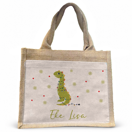Jute Pocket Tasche mit Namen | Weihnachts- Dino
