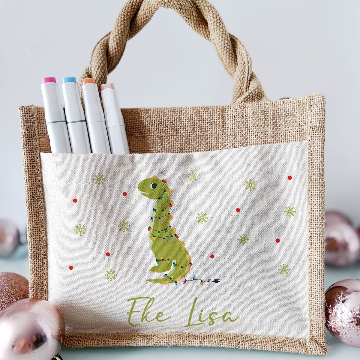 Jute Pocket Tasche mit Namen | Weihnachts- Dino