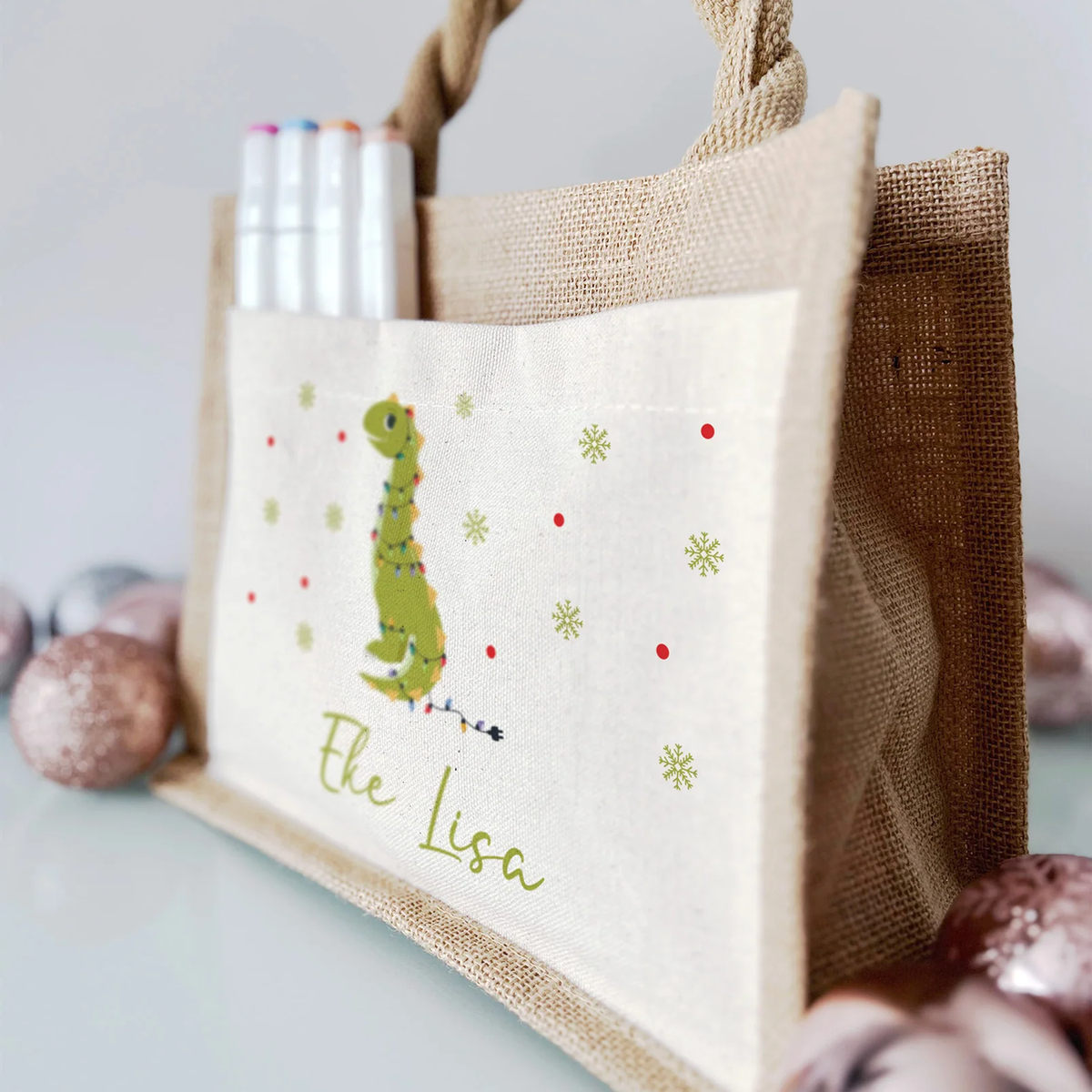 Jute Pocket Tasche mit Namen | Weihnachts- Dino