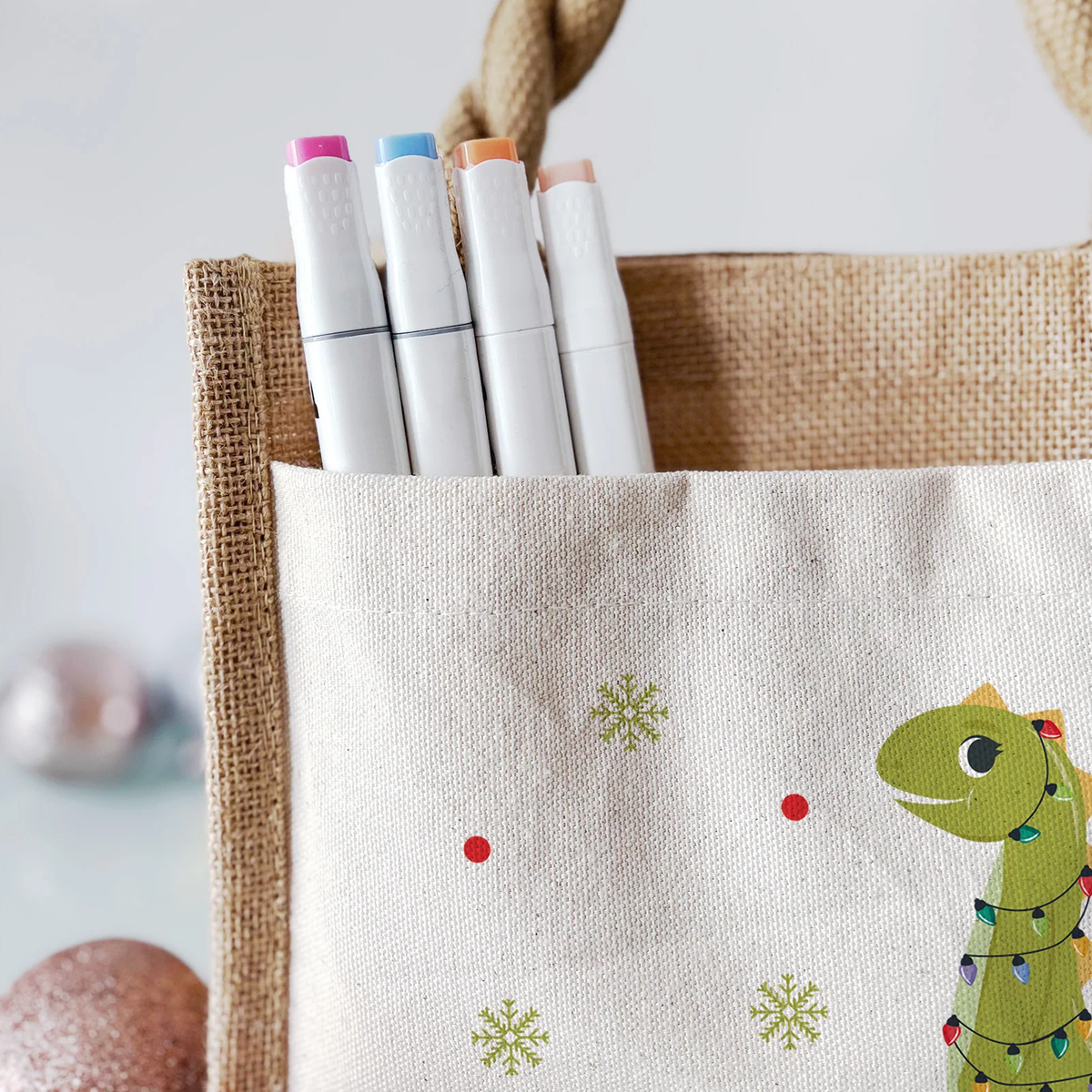 Jute Pocket Tasche mit Namen | Weihnachts- Dino