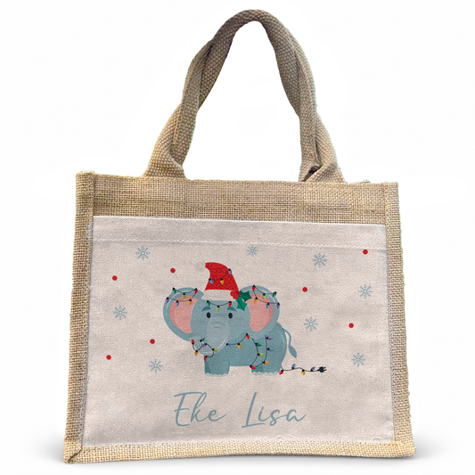 Jute Pocket Tasche mit Namen | Weihnachts- Elefant