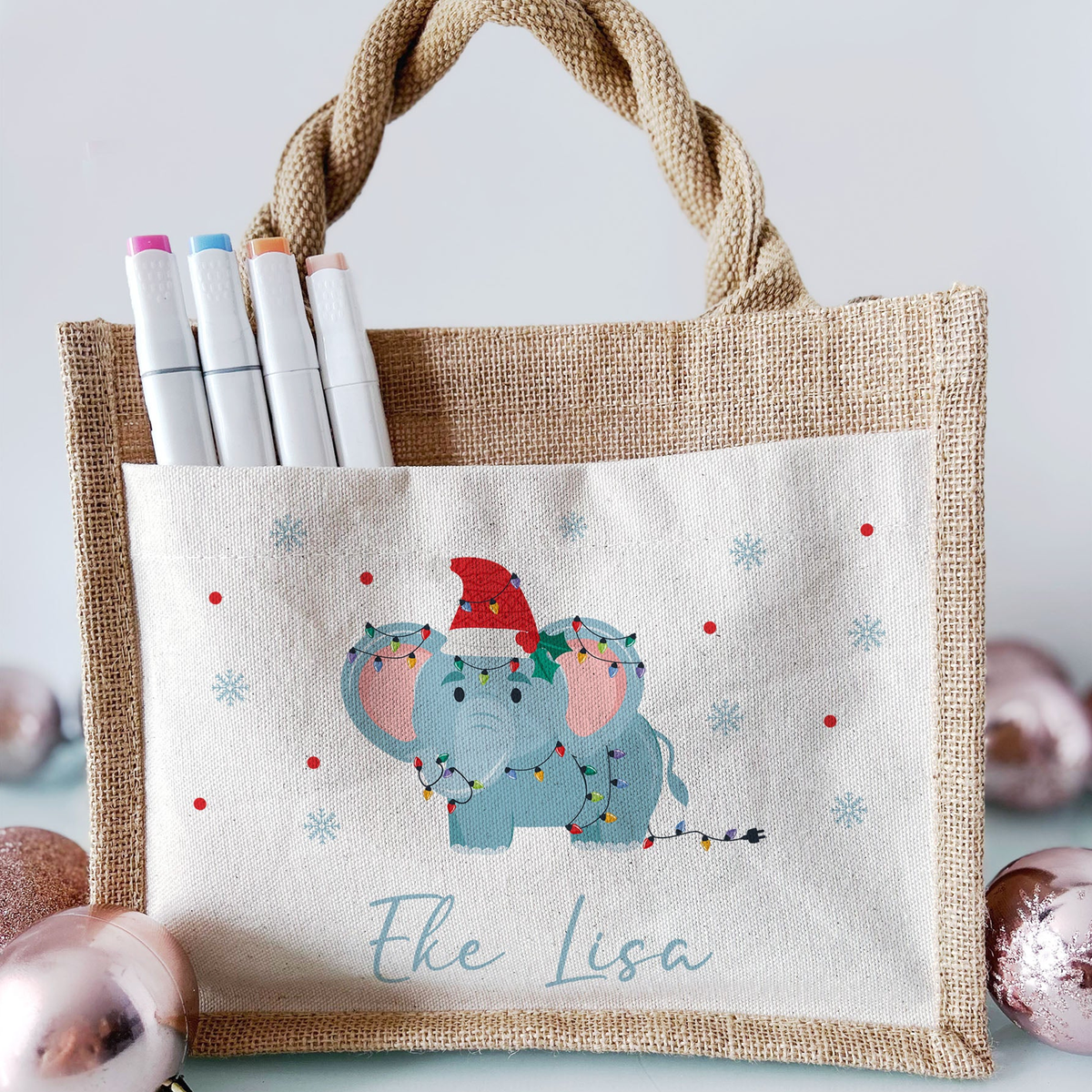 Jute Pocket Tasche mit Namen | Weihnachts- Elefant