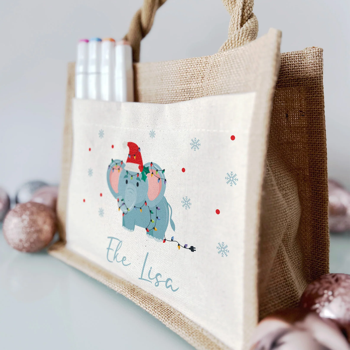 Jute Pocket Tasche mit Namen | Weihnachts- Elefant