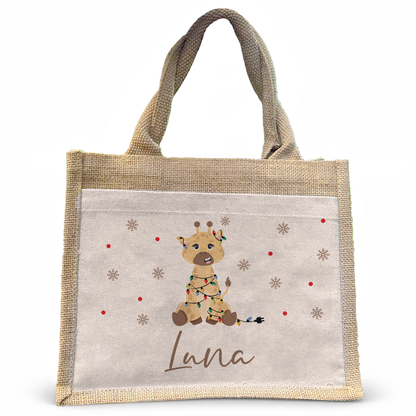 Jute Pocket Tasche mit Namen | Weihnachts- Giraffe