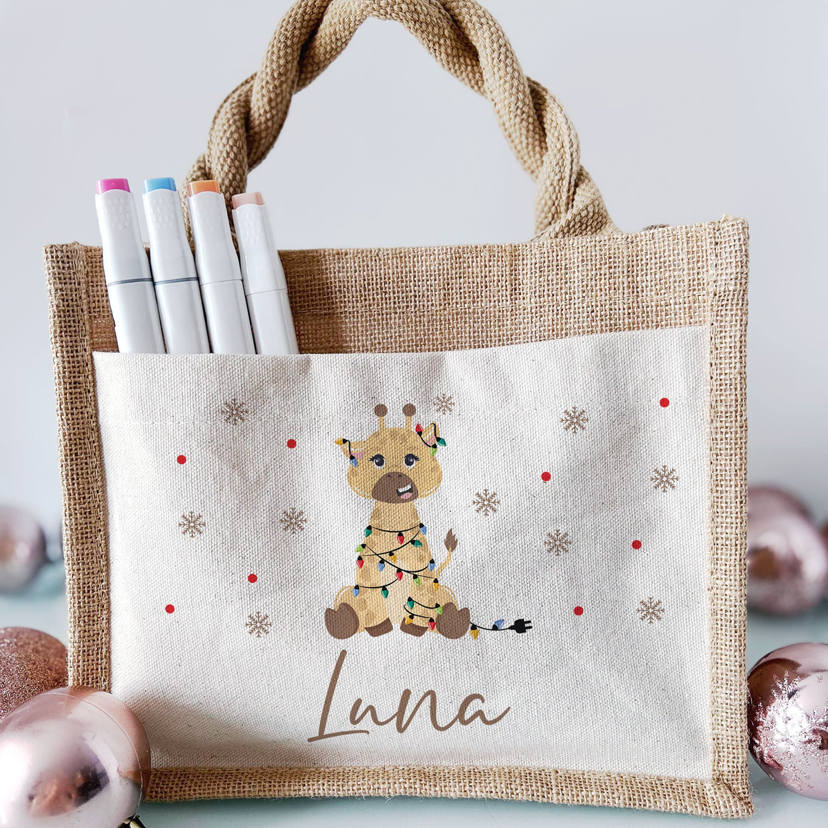 Jute Pocket Tasche mit Namen | Weihnachts- Giraffe