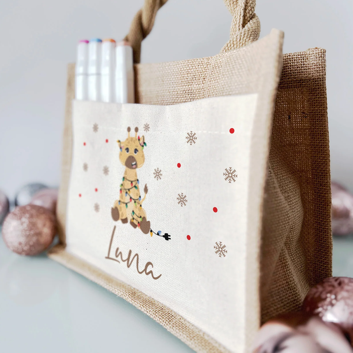 Jute Pocket Tasche mit Namen | Weihnachts- Giraffe