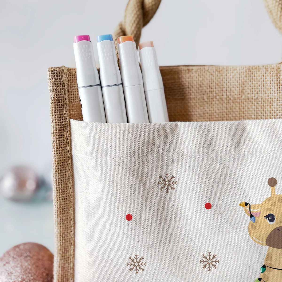 Jute Pocket Tasche mit Namen | Weihnachts- Giraffe