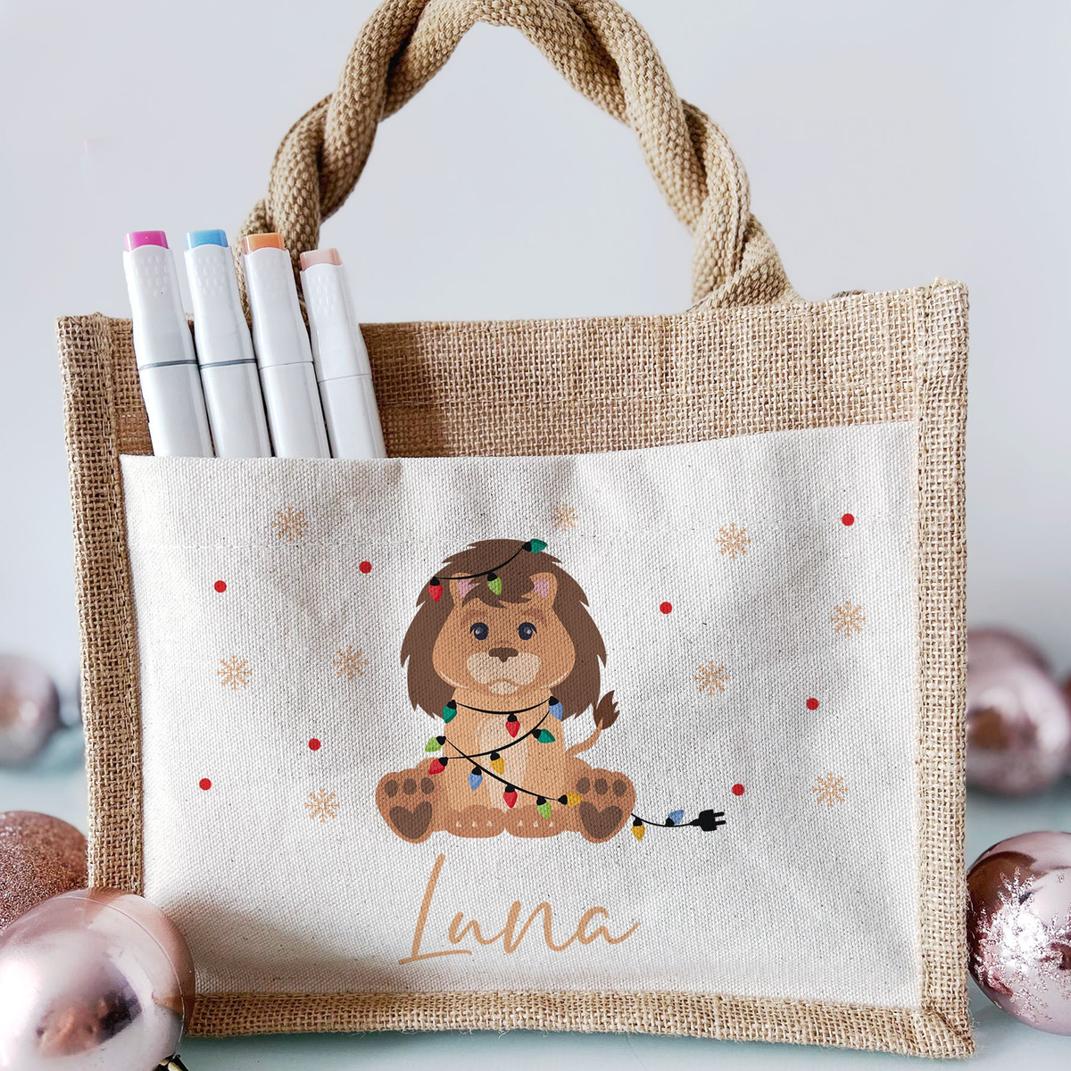 Jute Pocket Tasche mit Namen | Weihnachts- Löwe