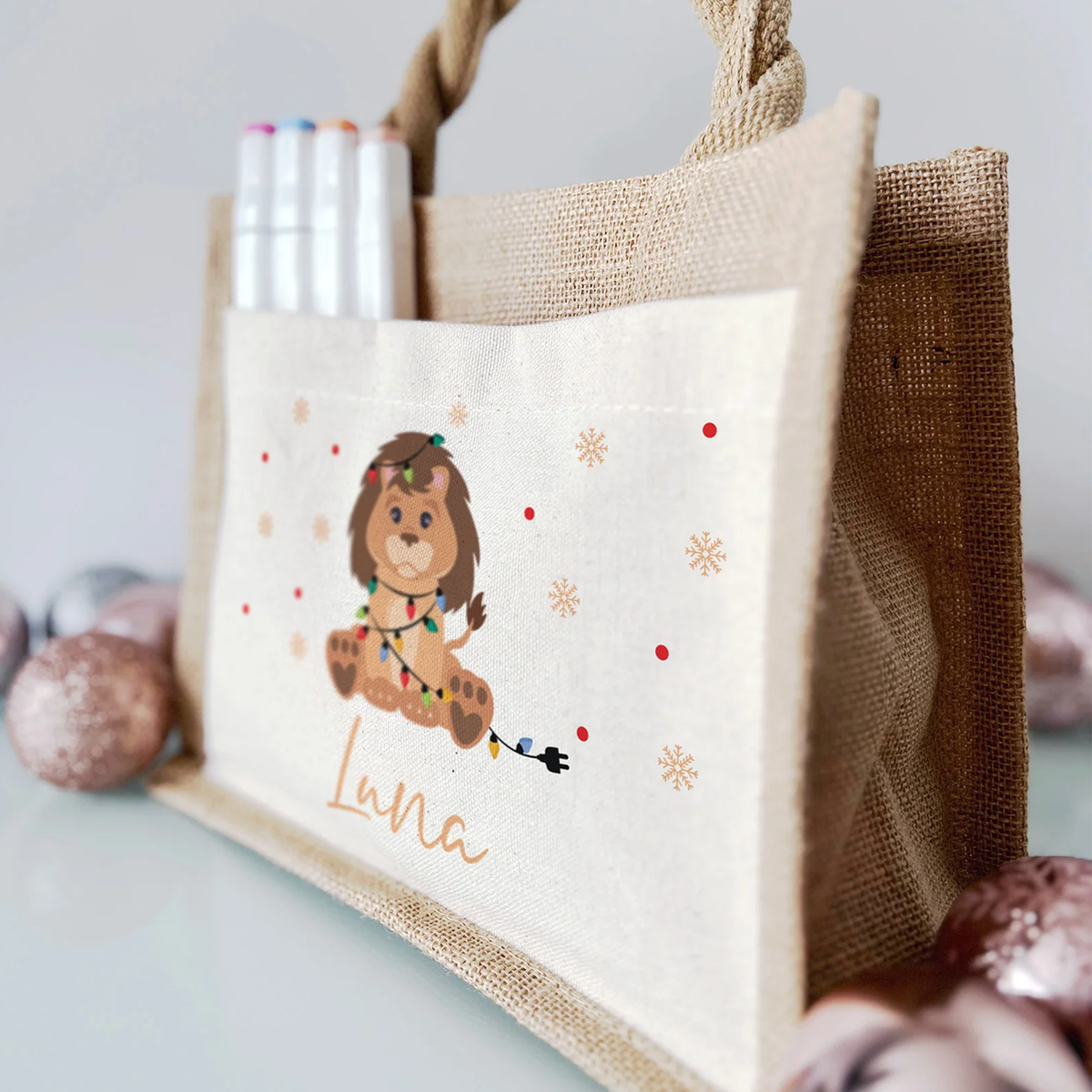 Jute Pocket Tasche mit Namen | Weihnachts- Löwe