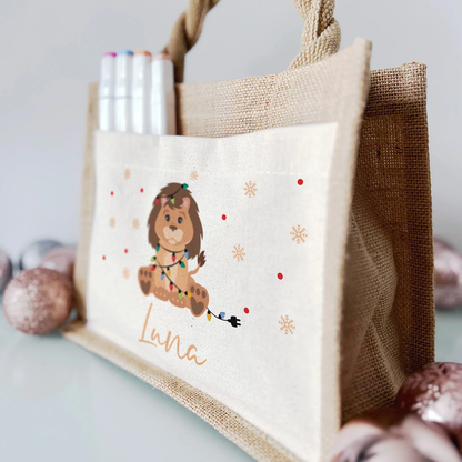 Jute Pocket Tasche mit Namen | Weihnachts- Löwe