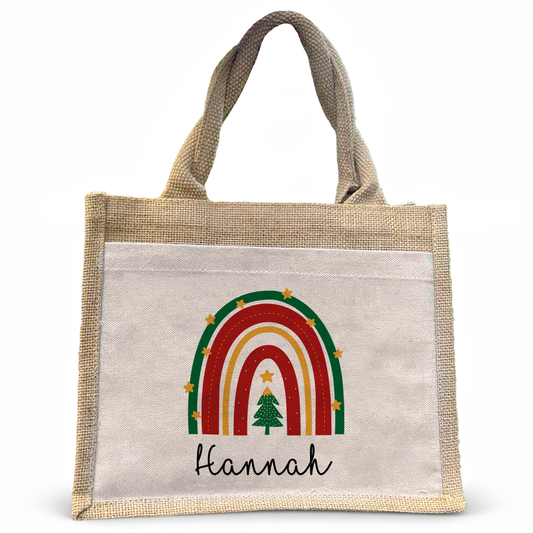 Jute Pocket Tasche mit Namen | Weihnachts- Regenbogen
