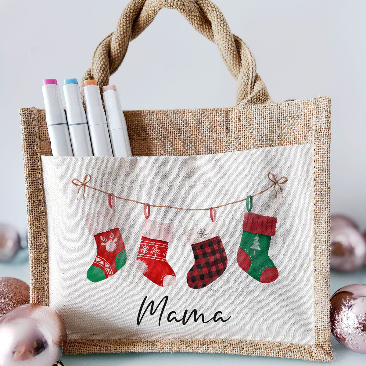 Jute Pocket Tasche mit Namen | Socken