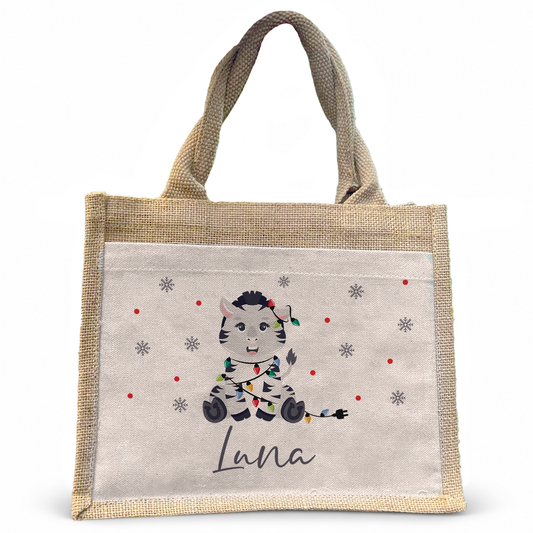 Jute Pocket Tasche mit Namen | Weihnachts- Zebra