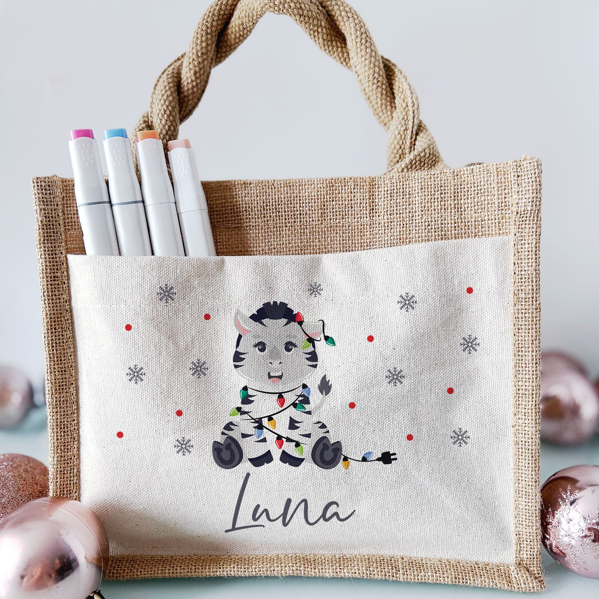 Jute Pocket Tasche mit Namen | Weihnachts- Zebra