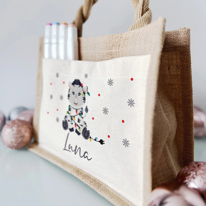Jute Pocket Tasche mit Namen | Weihnachts- Zebra