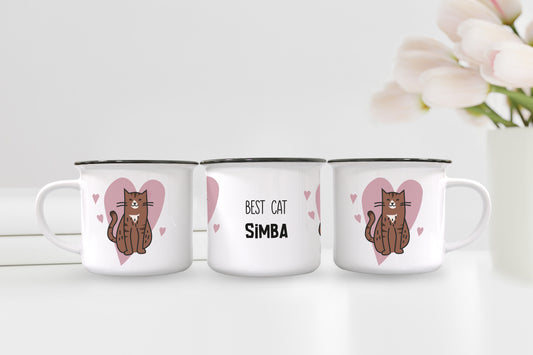 Katze | Best Cat | Emaille-Look Tasse personalisiert | Name | Fellfarbe wählen | Keramik | Geschenk | Katzenliebhaber | Stubentiger - verschenkich.de