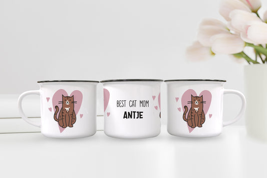 Katzenmama | Best Cat Mom | Emaille-Look Tasse personalisiert | Name | Fellfarbe wählen | Keramik | Catlady | Katzenliebhaber | Katze - verschenkich.de
