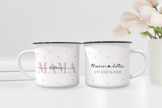 Keramik Emaille-Optik Tasse mit Namen + Kinder Geburtsjahr | Mama - verschenkich.de