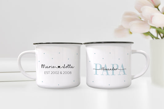 Keramik Emaille-Optik Tasse mit Namen + Kinder Geburtsjahr | Papa - verschenkich.de