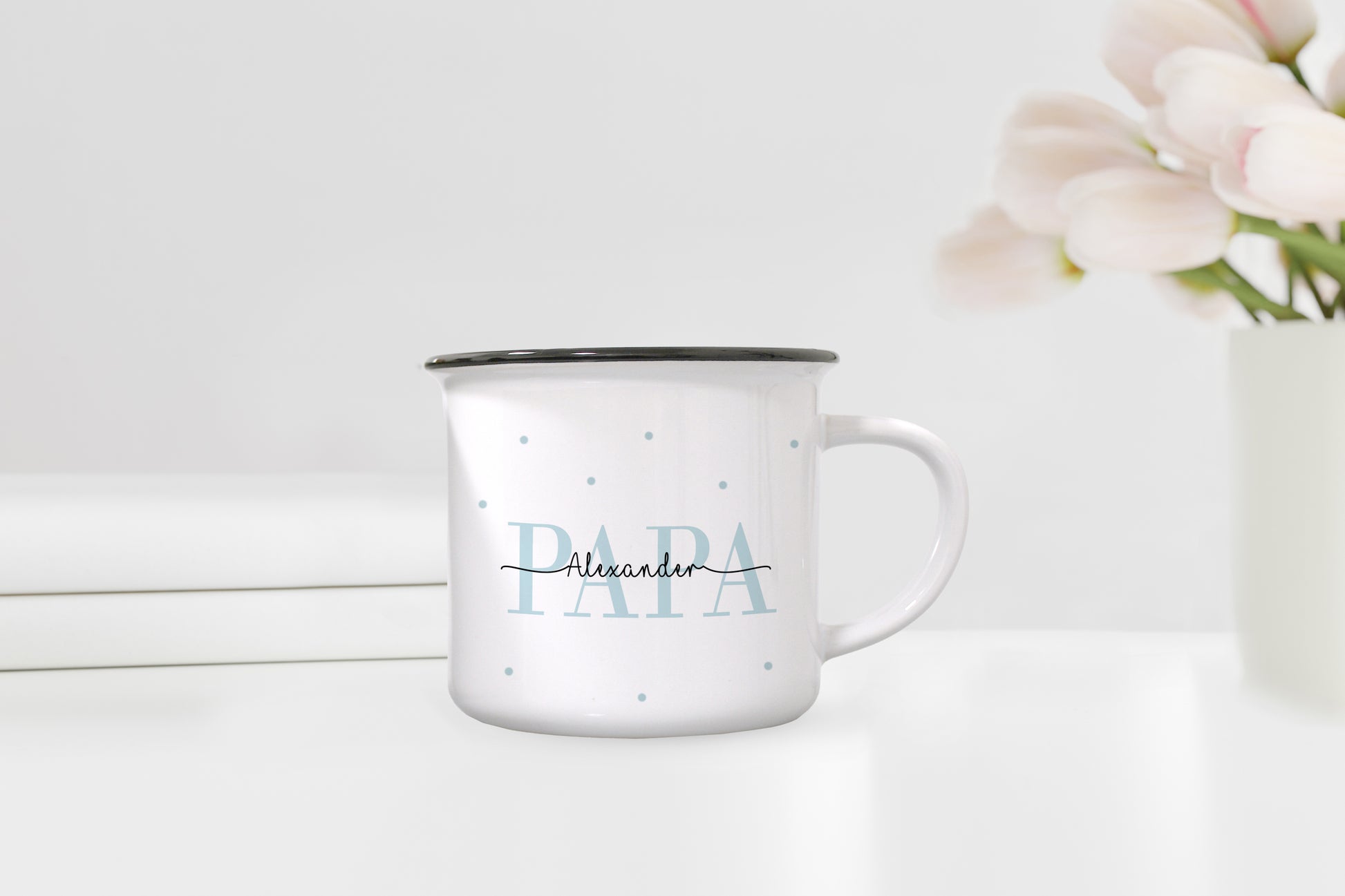Keramik Emaille-Optik Tasse mit Namen + Kinder Geburtsjahr | Papa - verschenkich.de
