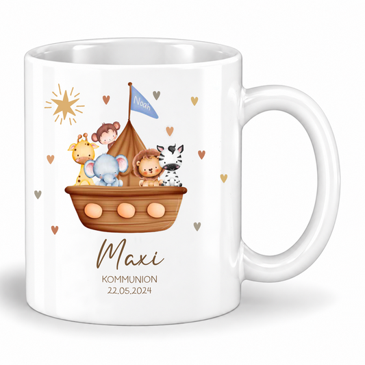 Keramik Tasse mit Namen, Datum + Anlass | Arche Noah blau