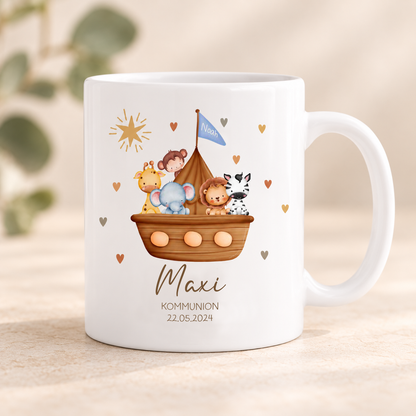 Keramik Tasse mit Namen, Datum + Anlass | Arche Noah blau