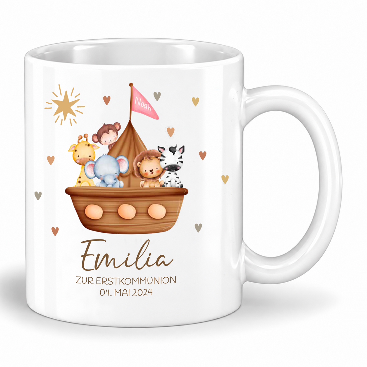Keramik Tasse mit Namen, Datum + Anlass | Arche Noah rosa