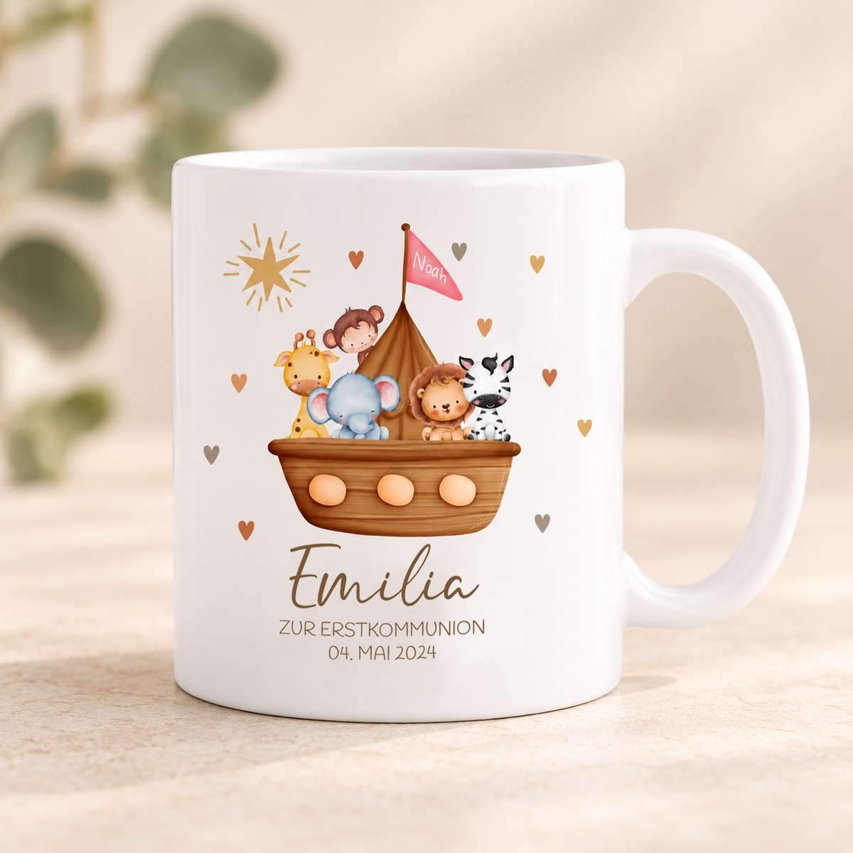 Keramik Tasse mit Namen, Datum + Anlass | Arche Noah rosa
