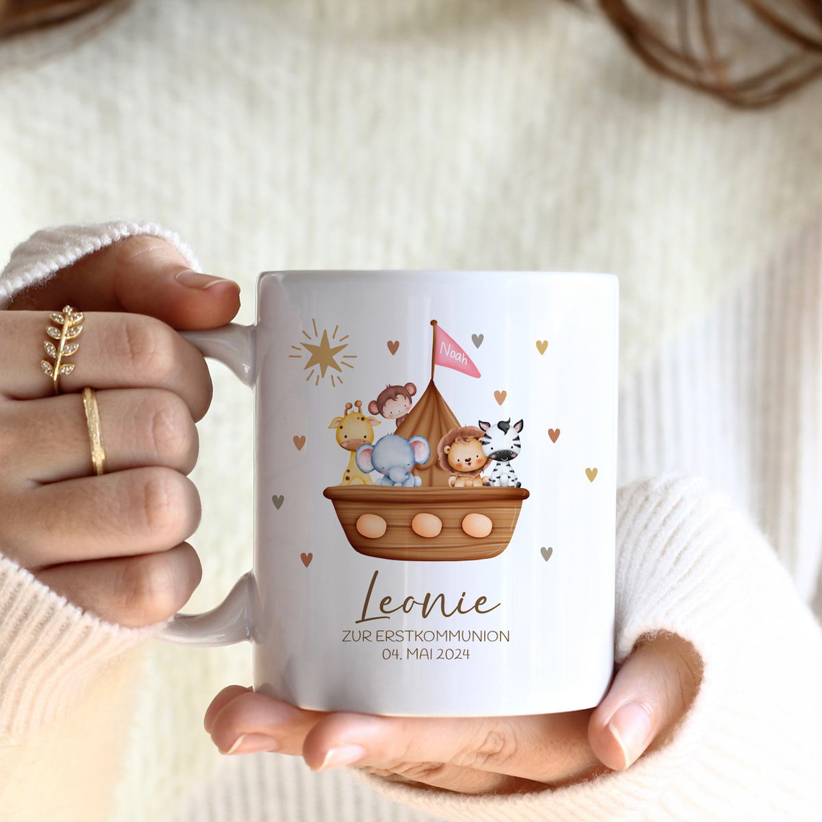 Keramik Tasse mit Namen, Datum + Anlass | Arche Noah rosa